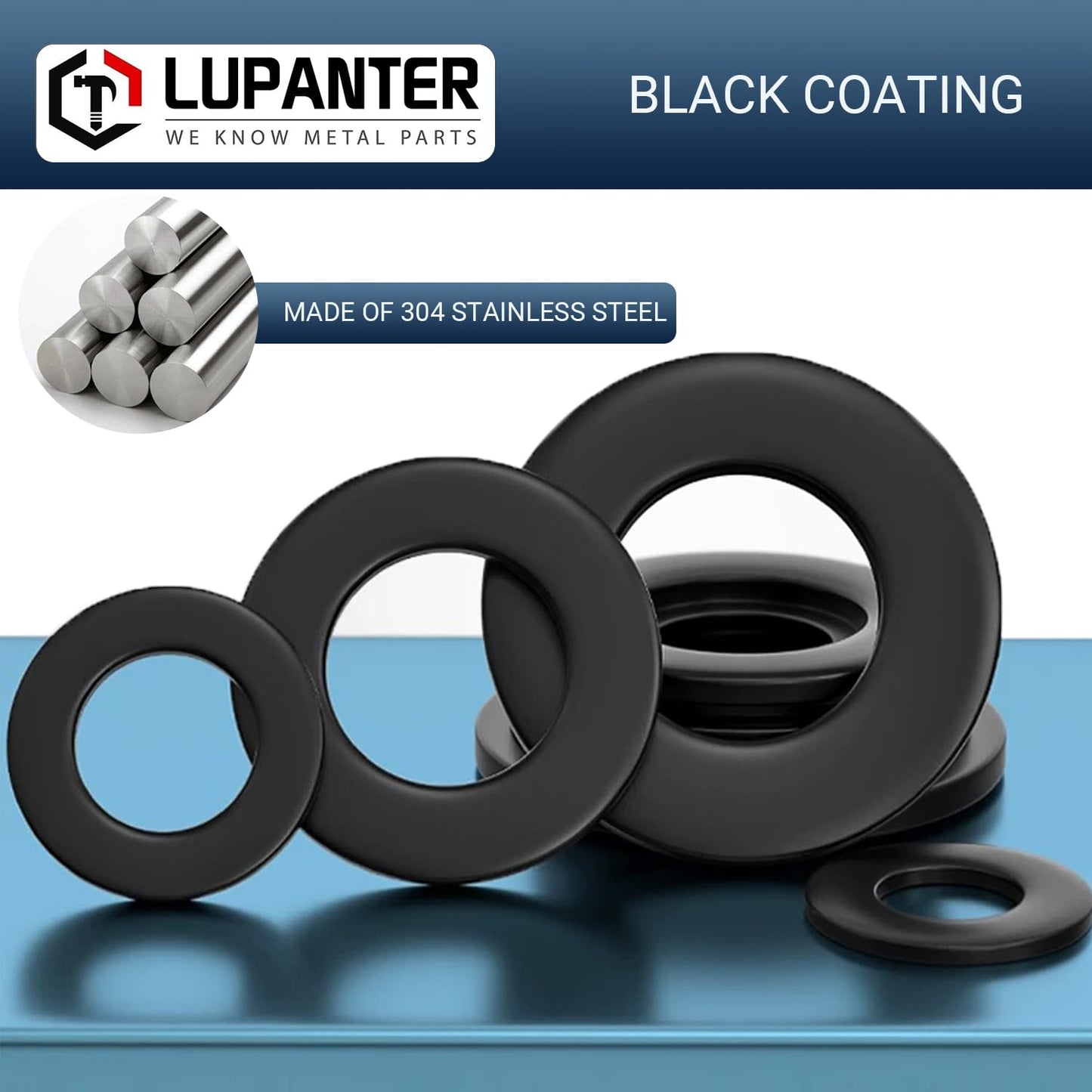 5/16" Black Flat Washers 50 Pack Made of 18-8 (304) Stainless Steel Metal Washers for Screws