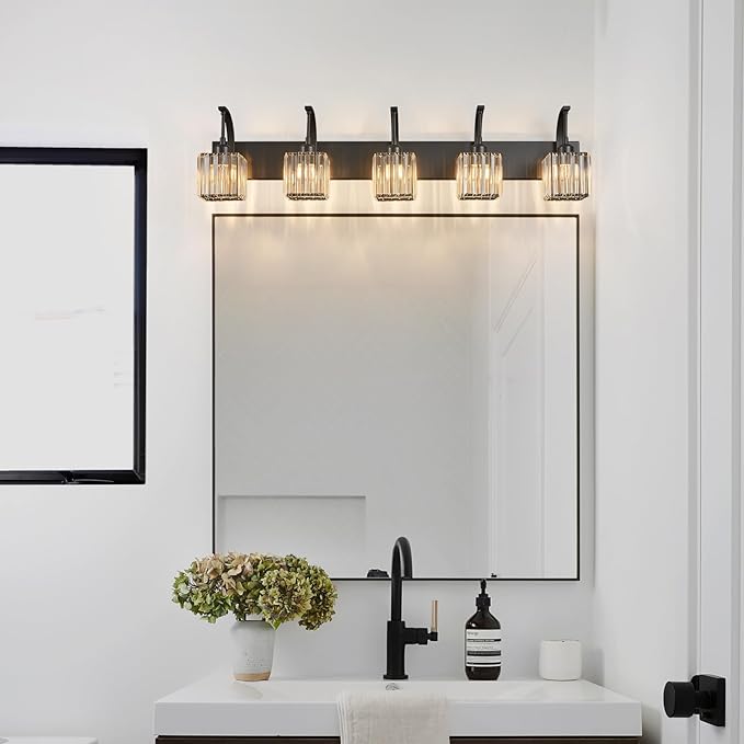FDPBY 5-Light Crystal Vanity Light, Modern Black Bathroom Wall Sconce - Image 8