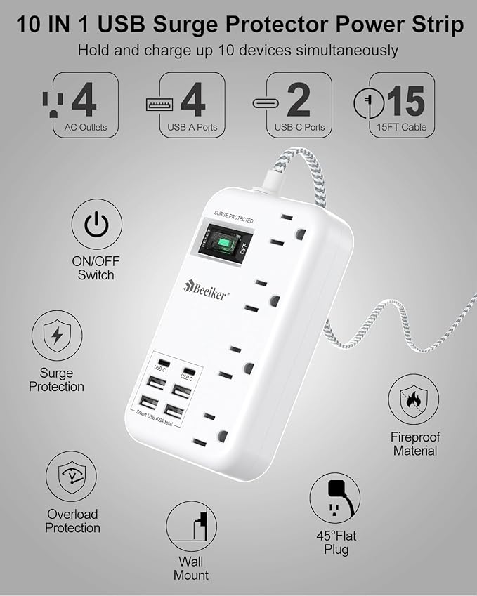 6 USB Surge Protector Power Strip- 15 Ft Extension Cord - Image 4