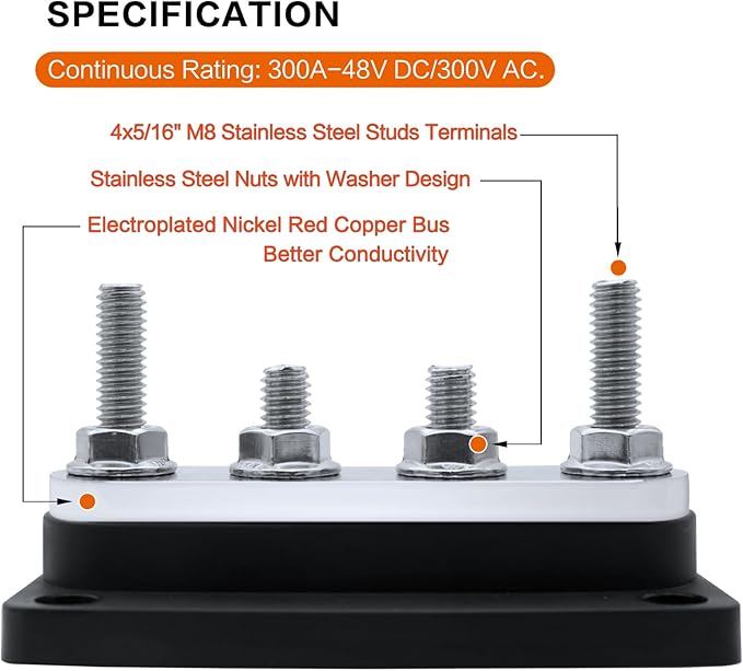 AMOMD 300A Bus Bars 4 Studs M8 Nickel Plated Copper Distribution Block Negative - Image 2