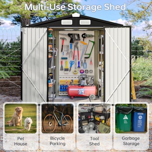 6x4ft outdoor storage shed with base black, close-up detail