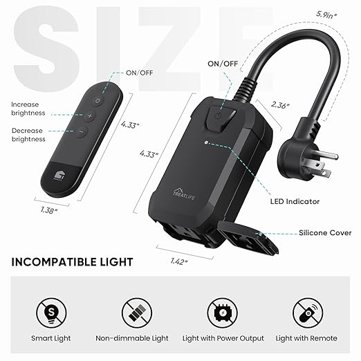 TREATLIFE Dimmer Plug with 100FT Wireless Remote Control, IP44 Weather - Image 2