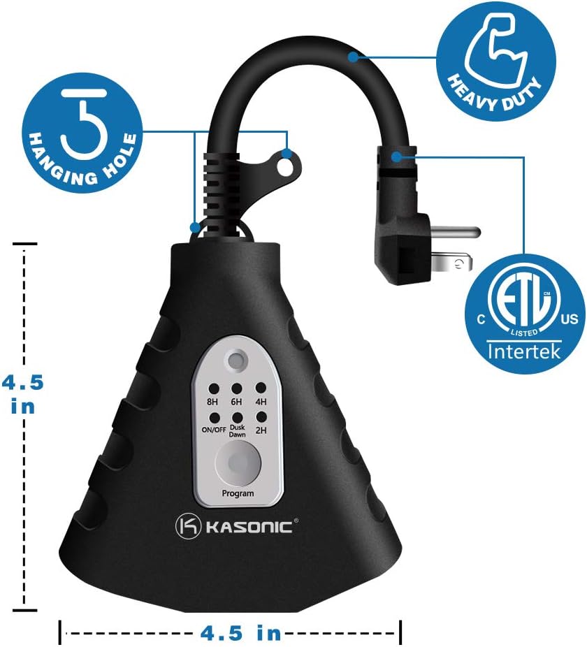 KASONIC Outdoor Light Timer, Waterproof Plug in Sensor Outlet Timer Switch | 100 ft Range Remote Control, 3 Grounded Electrical Outlets for Home Garden, ELT Listed
