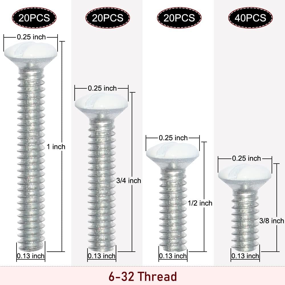 Wall Plate Screws, 100 pcs White Outlet Screws 6-32 Thread Light Electrical Cover Panel Switch Plate Screws 4 Length Assorted Sizes (3/8", 1/2", 3/4", 1 inch)