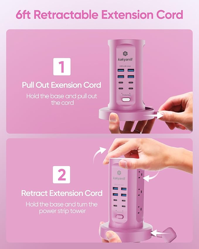 Power Strip Tower, kakyanill Surge Protector Tower 9 AC Outlets 8 USB, 6 Ft - Image 2
