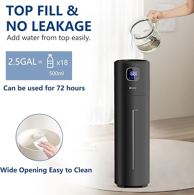 Akeshan Large Humidifiers for Bedroom, 9L/2.5Gal Ultrasonic Cool Mist, Top Fill - Image 3