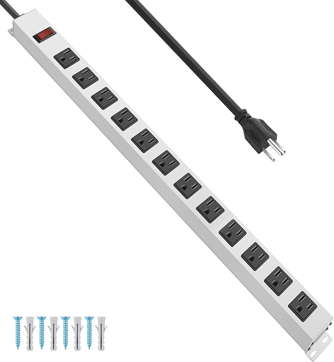 JUNNUJ Metal 12 Outlet Power Strip, Mountable Heavy Duty Power Strip, 1200J by JUNNUJHome