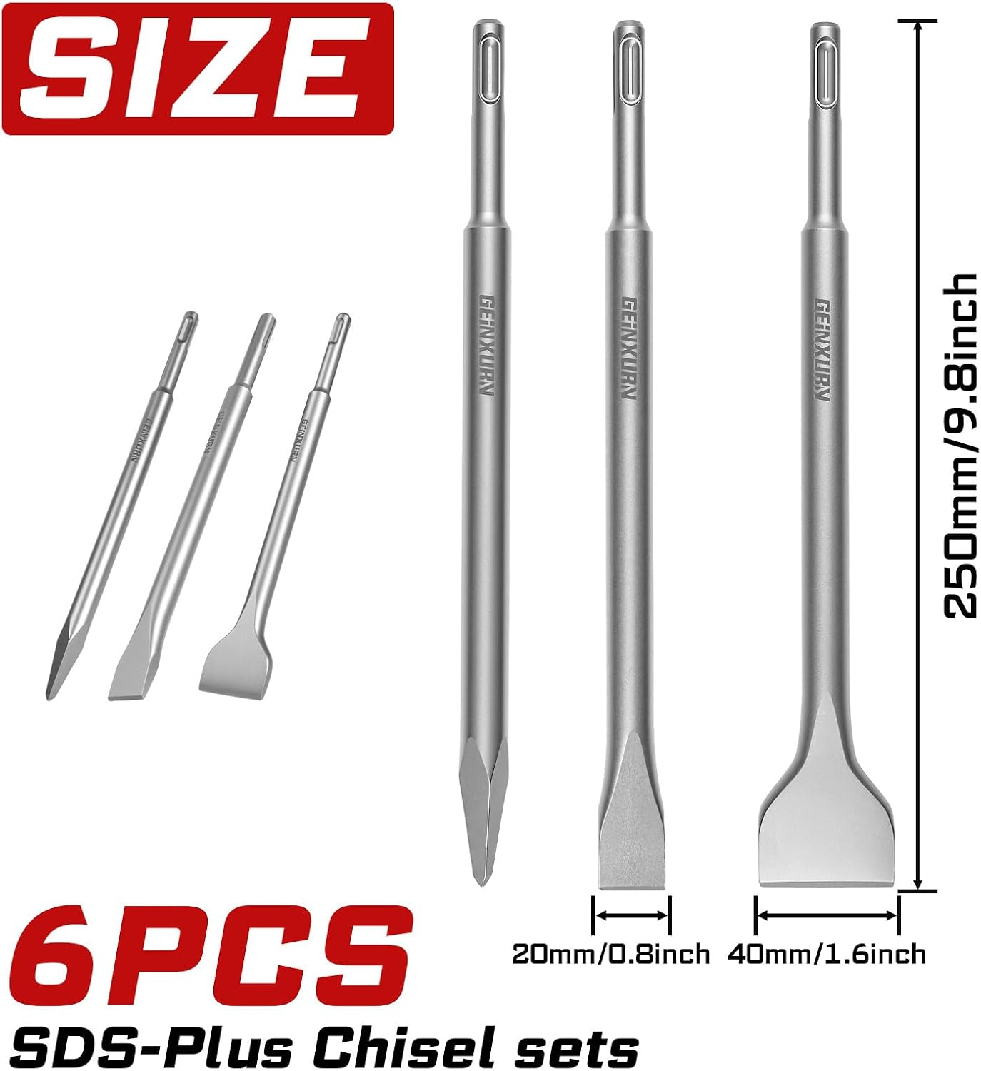 SDS Plus Chisels, 6PCS Masonry Chisel Bit Set, 10-Inch Long 40Cr Steel Point, Flat, Wide Chisels for Concrete Stone Tile Floor Removal
