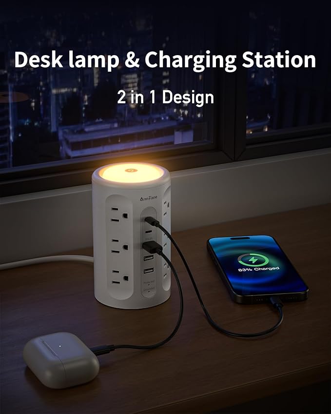 AnnTane Power Strip Tower with Night Light, 15W Surge Protector Power Strip - Image 3