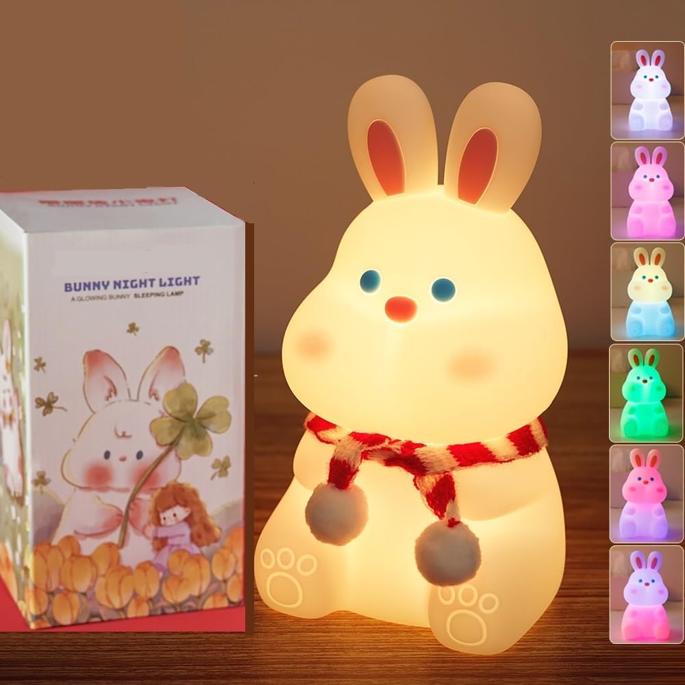 Rabbit Night Light for Adults Kids,LED Dimmable Animal Silicone Bunny Lamp Nightlight,Rechargeable BedsideTable Lamp withTouch Sensor 7 Colors,Gifts Decor for Kids Aduts,Bedrooms,Living Room