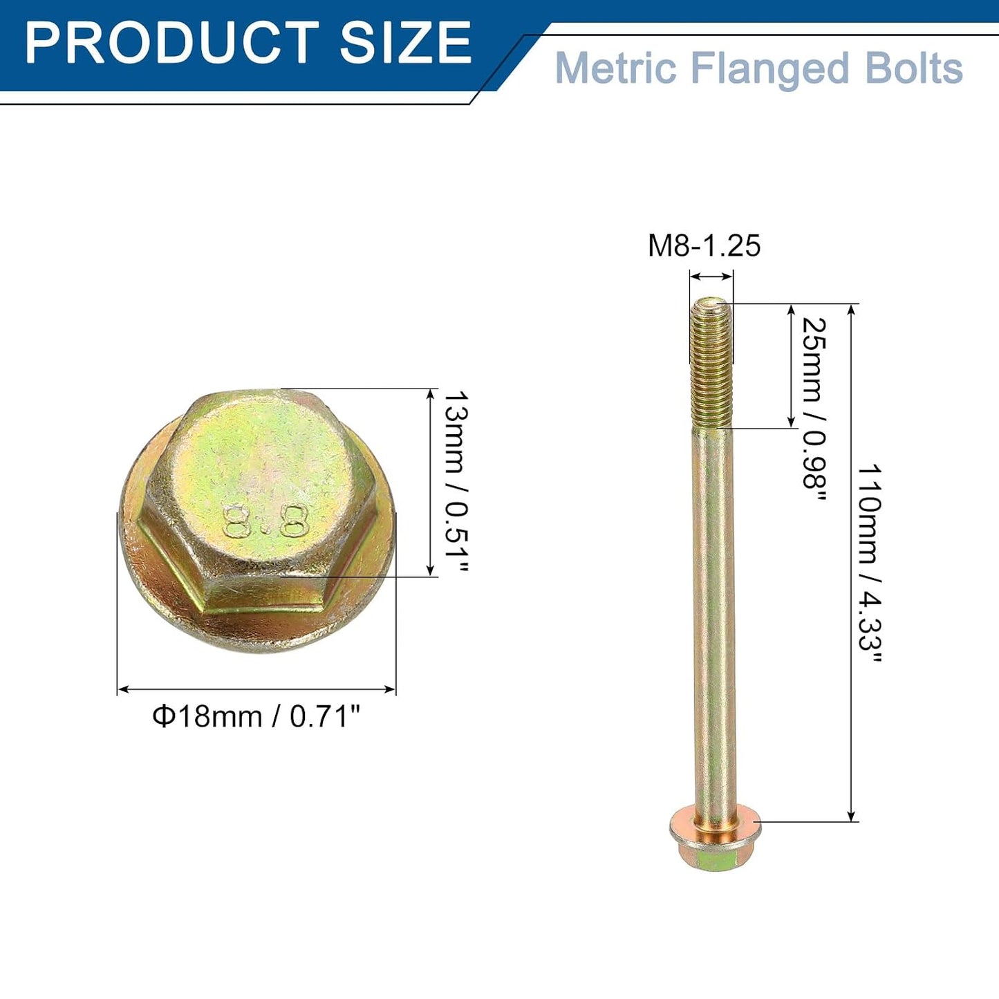 uxcell 5pcs M8-1.25 x 110mm Metric Flange Hex Cap Bolt Partial Thread DIN 6921 Flanged Bolts Hexagon Screws Carbon Steel Zinc Plated Colorful