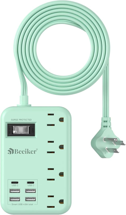 6 USB Green Travel Power Strip- 5Ft Green Extension Cord by Beeiker-BetterHelperforYou
