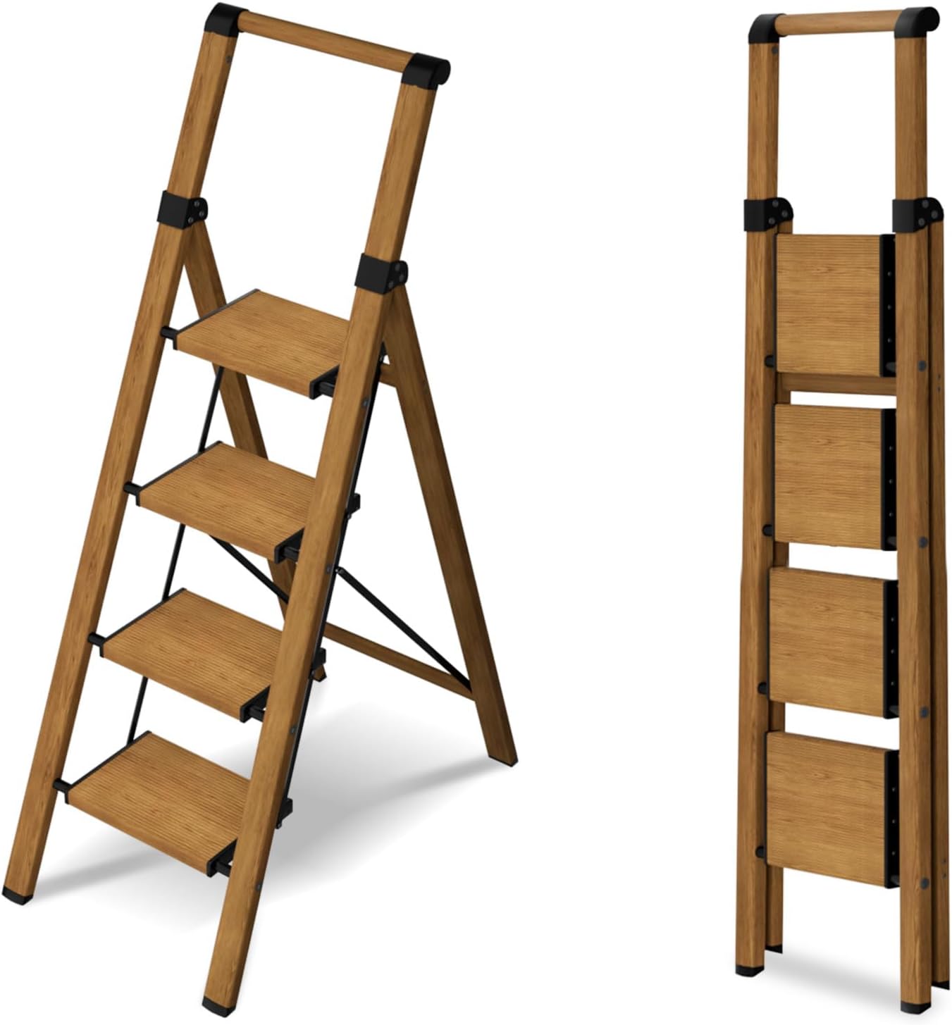 4 Step Ladder,Lightweight Folding Step Stool with Aluminum Wide Pedal& Convenient Handgrip,330lbs Capacity Steel Ladder for Household and Office(Woodgrain) | Step ladder with handrail & folding anti-slip steps, 330 lbs for home,kitchen,office,outdoor,Gold