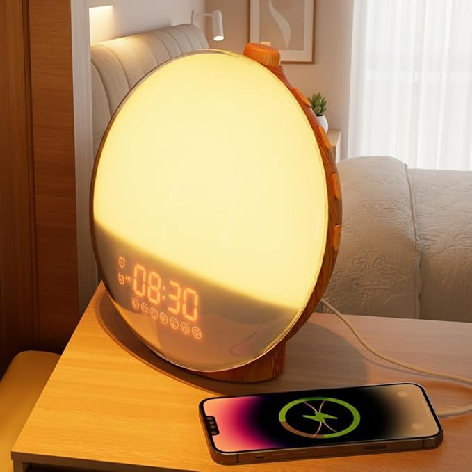 Dekala Sunrise Alarm Clock Wood Grain, FM Radio, Wake up Light Sunlight Sunset by Dekala