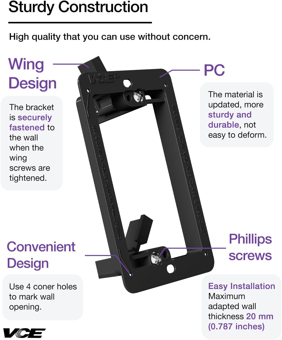 VCELINK Low Voltage Mounting Bracket, Flush Low Voltage Box, Black 10-Pack | With Alignment Holes for Easy Installation, Flush Mount for Single Gang Wall Plate