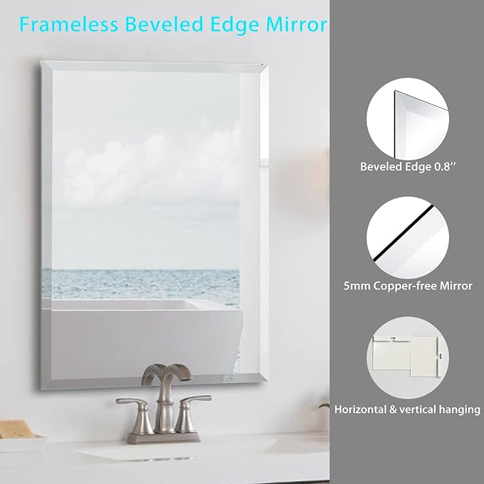 Beveled Edge Mirror 20x28 Inch Frameless Rectangle Bathroom Wall Mirror - Image 2