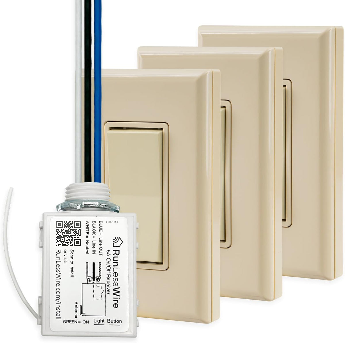 RunLessWire 4-Way Battery-Free DIY Wireless Light Switch Kit 150ft RF Range