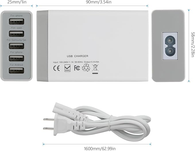 Desktop 5 Port USB Wall Charger 40W 8A, USB Hub Charging Station - Image 6