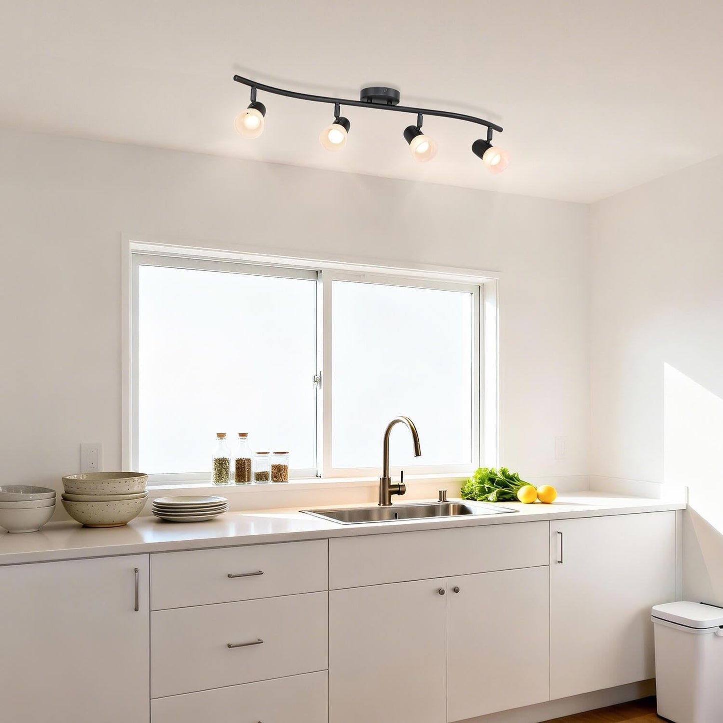 XiNBEi Lighting Black Track Lighting Kit with Glass for Bathroom, 4 Light | Curved Ceiling Spot Light, E26, S-Shaped Bar, Adjustable Head, Ceiling Light Fixture, For Kitchen Sink & Bathroom Hallway