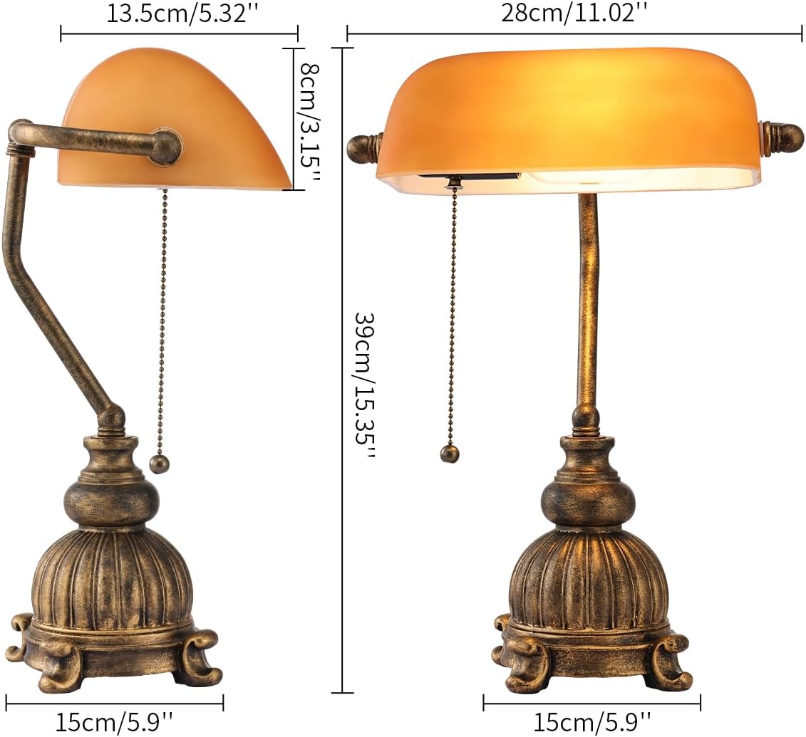Retro Amber Glass Bankers Desk Lamp,LED Bulb Included | Pull Chain Switch for Home Office Library Plug in Fixture