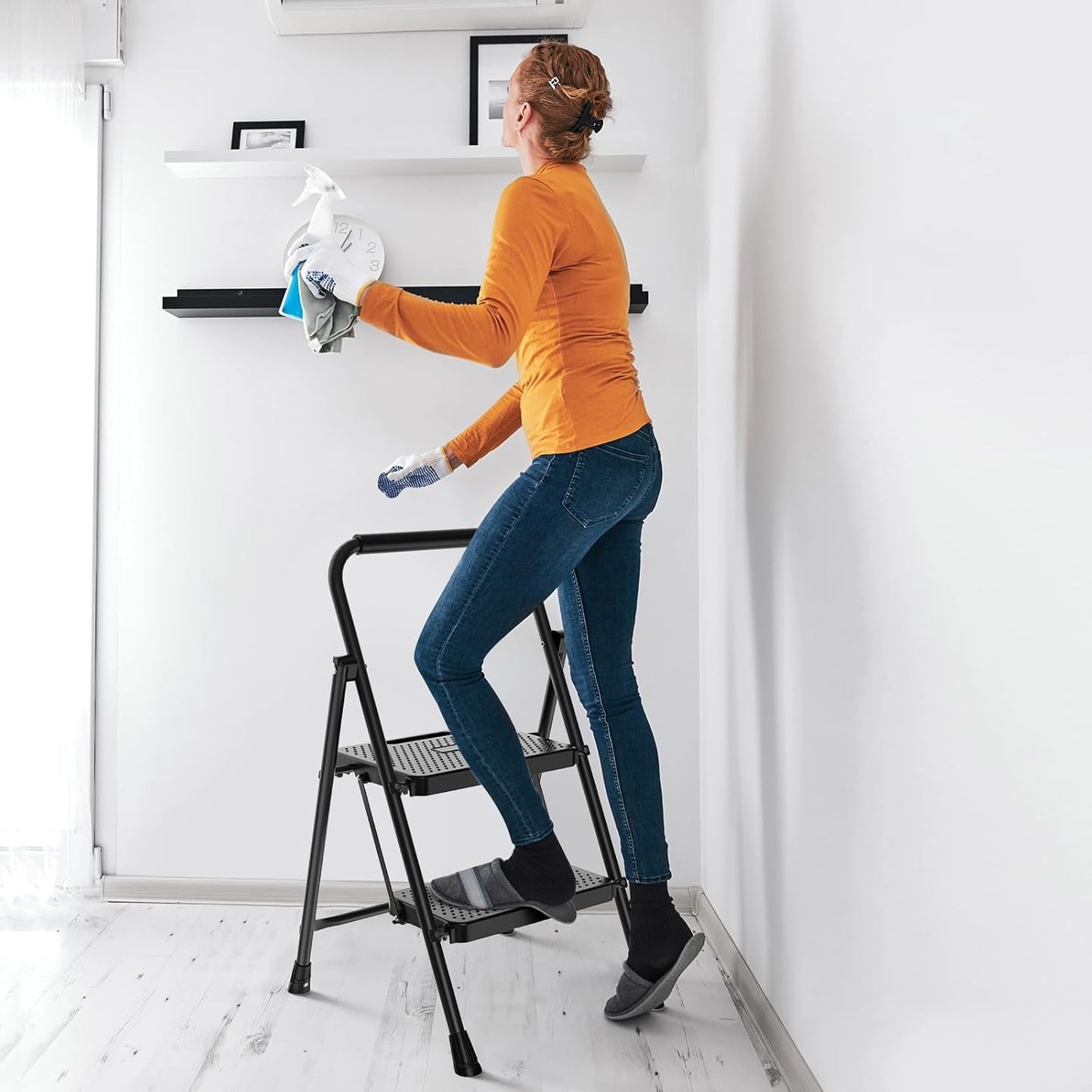 NEWBULIG 3 Step Ladder, Foldable Step Stool with Safety Lock | Lightweight Portable Steel Stool with Anti-Slip Rubber Feet ,for Home Office Garage, Black