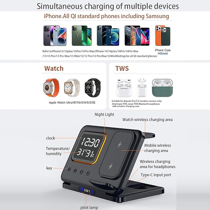 IHAO 5in1 Multi Functional Wireless Charging Station Digital Clock 15W Fast - Image 7