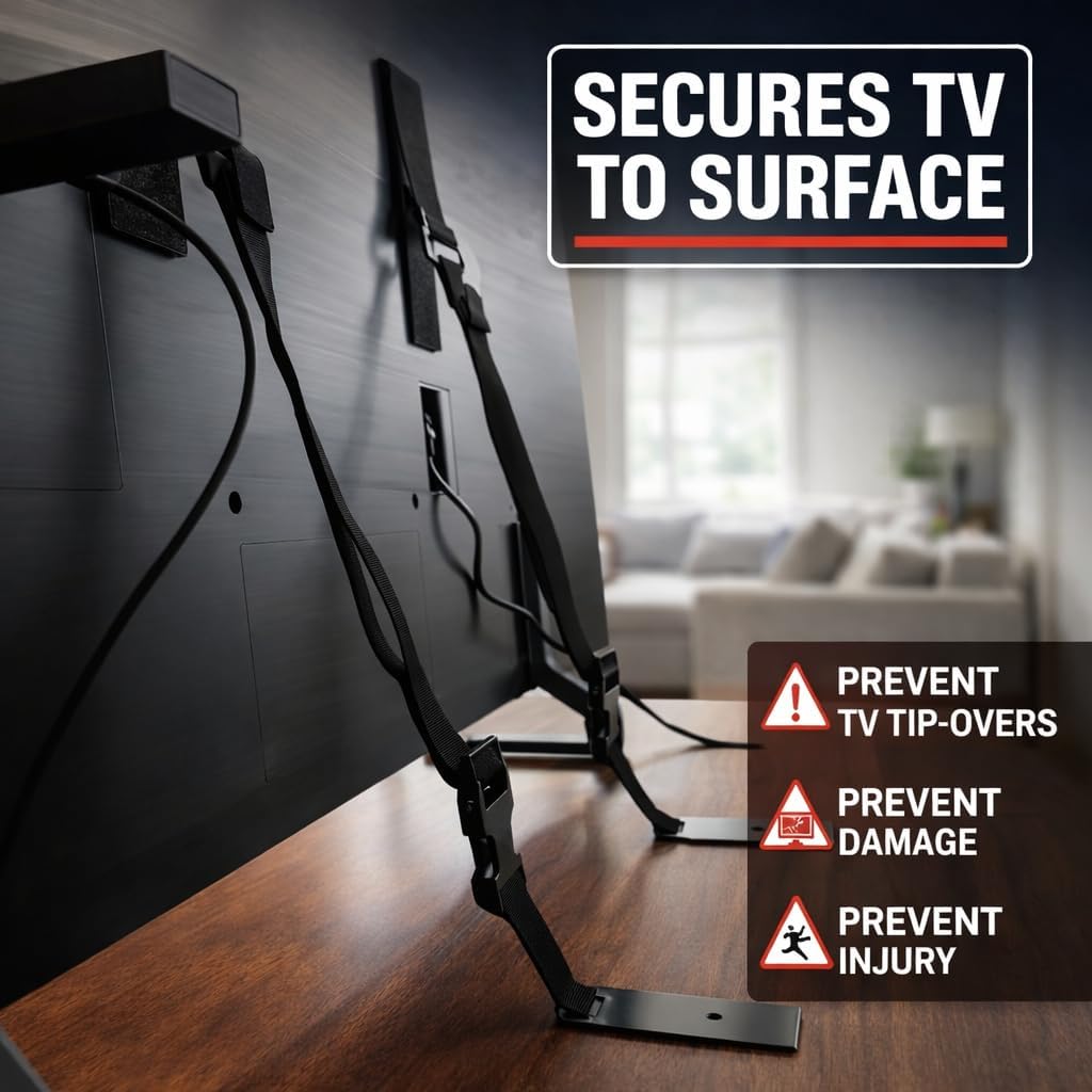 QuakeHold! 4520 Universal Flat Screen TV Safety Straps, Black Nylon | Anti-Tip Adhesive Straps help secure TVs & furniture against earthquakes, fire and floods with easy, tool-free installation.