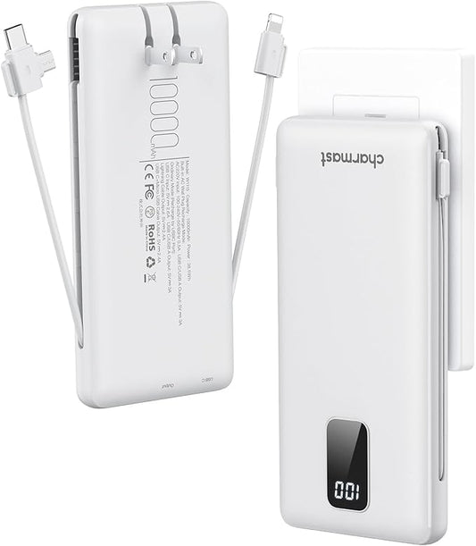 charmast Portable Charger with Built-in Cables and Plug, 10000mAh USB C Power by Charmast