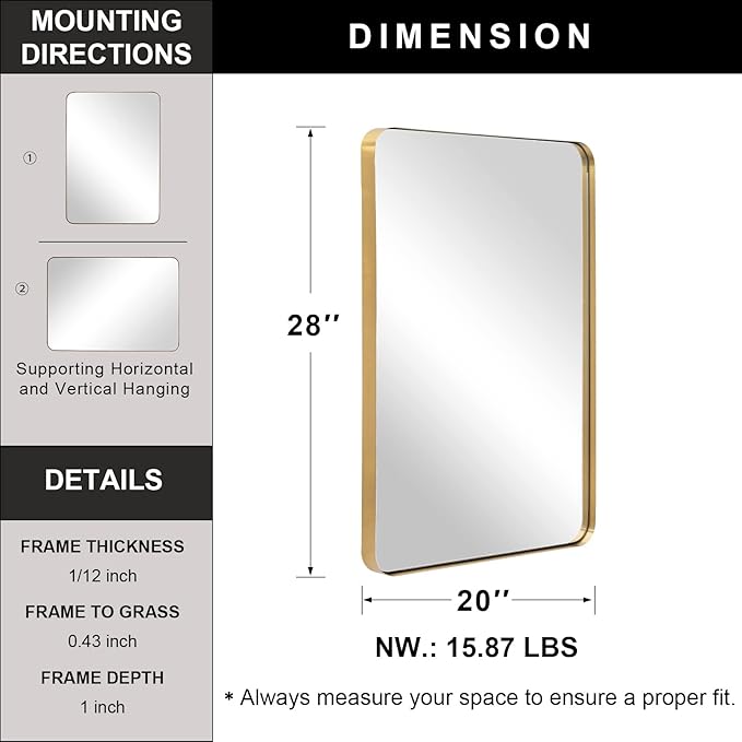 ANDY STAR Gold Bathroom Mirror for Wall, 20x28” Brushed Brass Metal Rounded - Image 4