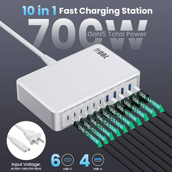 USB C Charger 700W USB C Charger Block, Upgraded GaN V 10-Port Fast Charging - Image 4