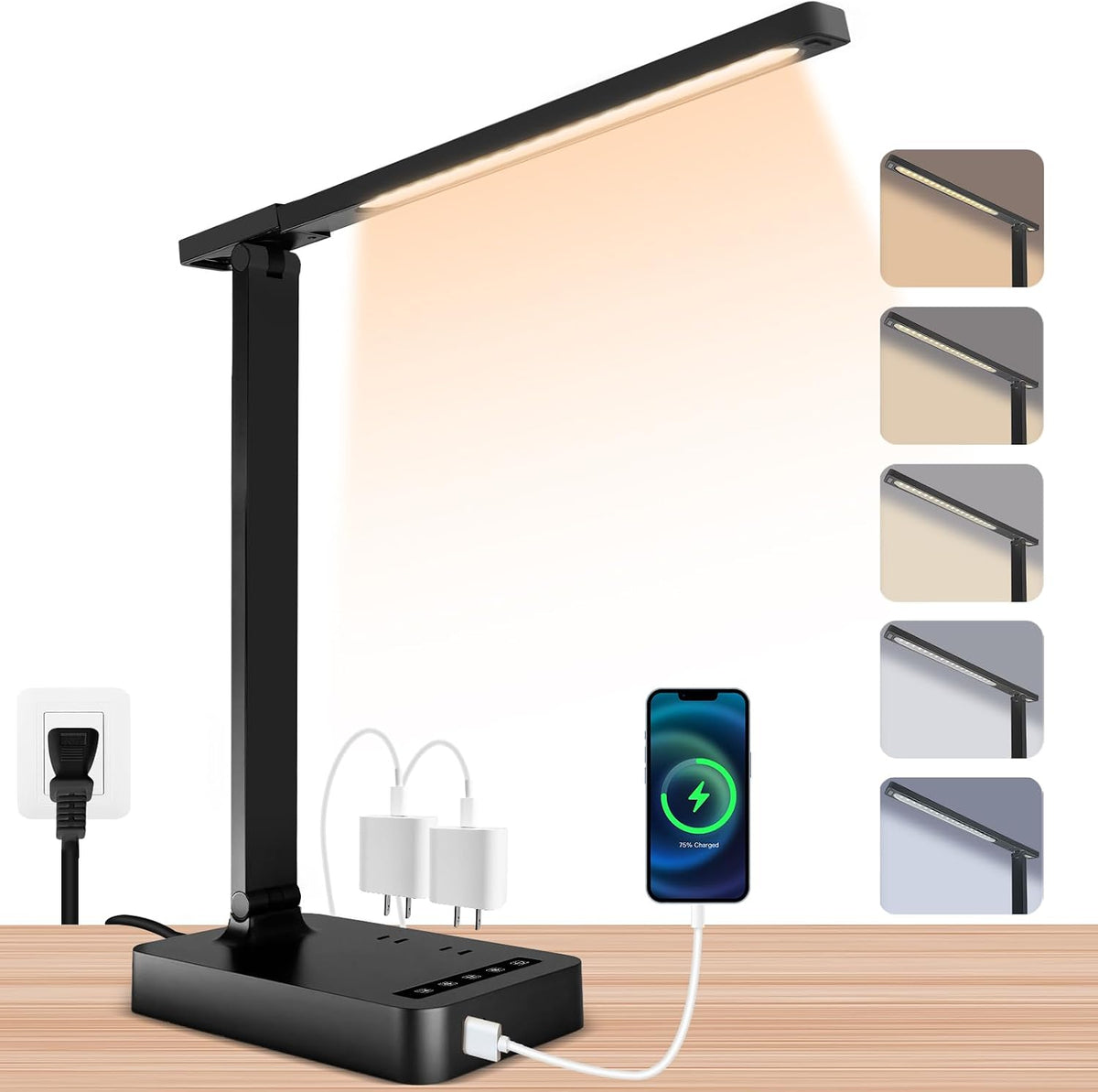 Smart Desk Lamp with 4-in-1 Charging Station, 5 Color temperatures and 5