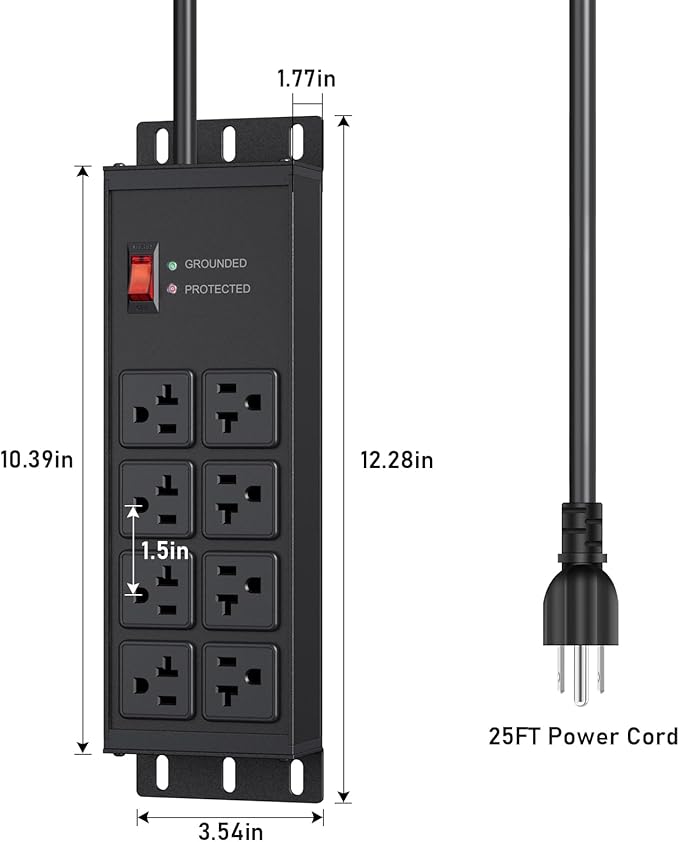 JUNNUJ Heavy Duty 20 Amp Surge Protector 4800J, Garage Metal 8 Outlets 12 Gauge - Image 7