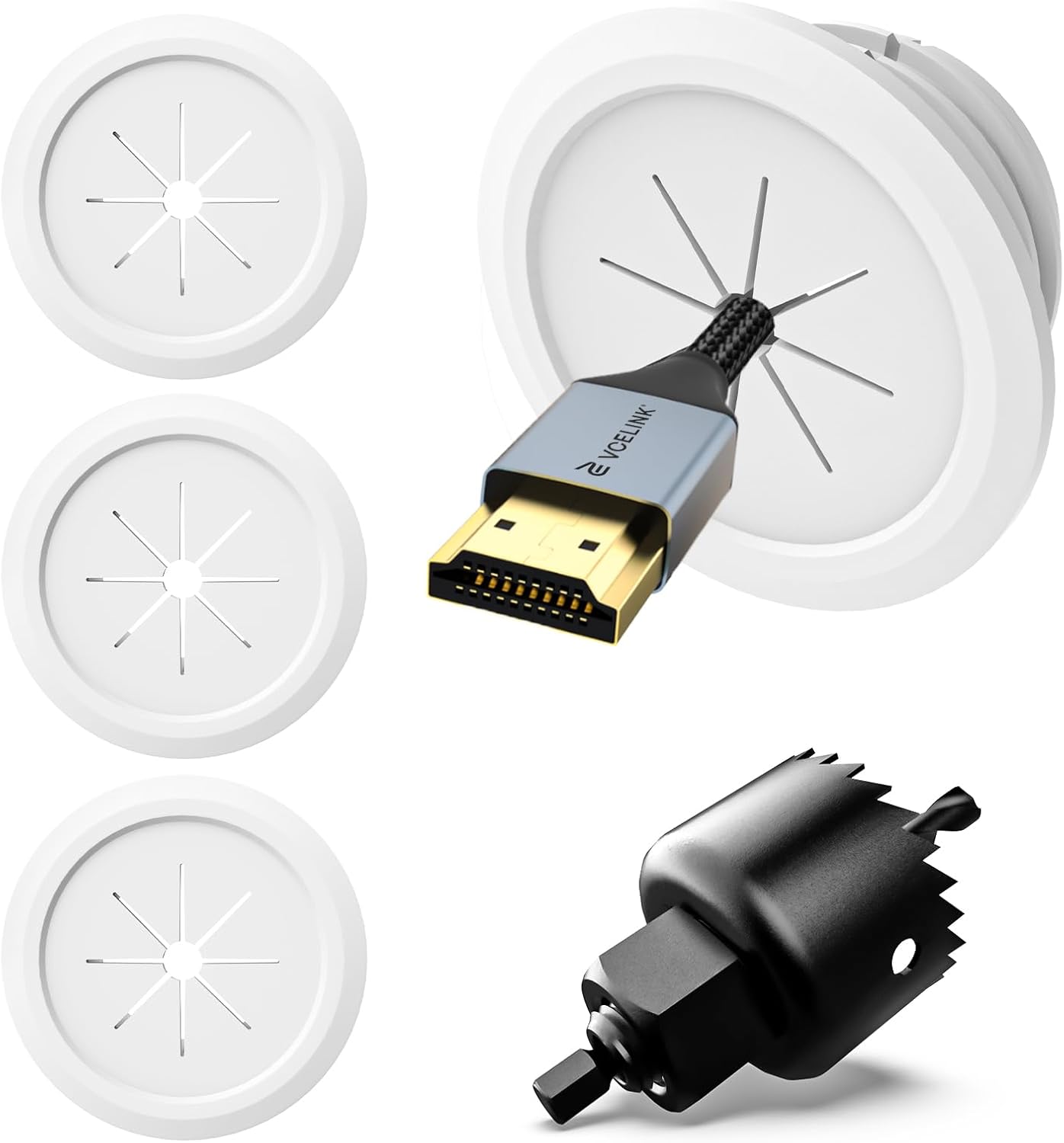 VCELINK TV Cord Hider, Mini White Cable Management Kit, White, 4-Pack | 2.36" Mini White Cable Management Kit | Push Type | Hides TV Wires | 4-Pack Grommets & 1 Hole Saw Drill Bit