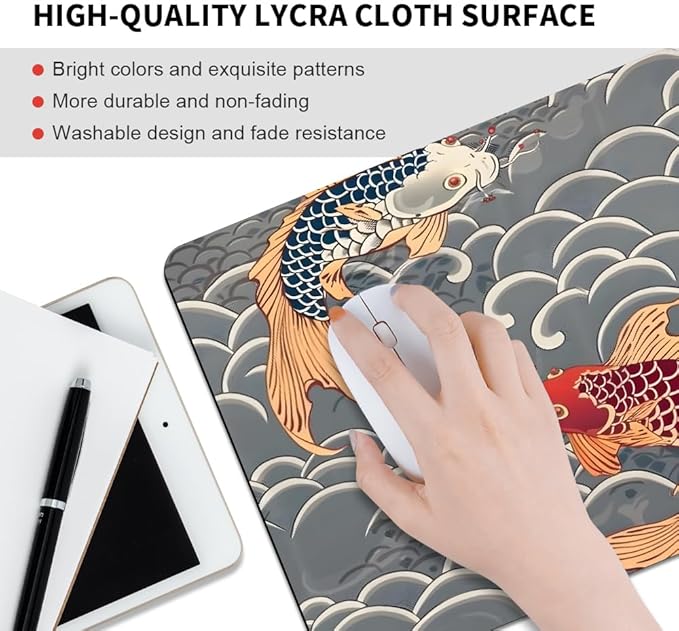 Koi Fish Japanese Tattoo Square Mouse pad, Waterproof, Anti Slip Rubber Base - Image 3