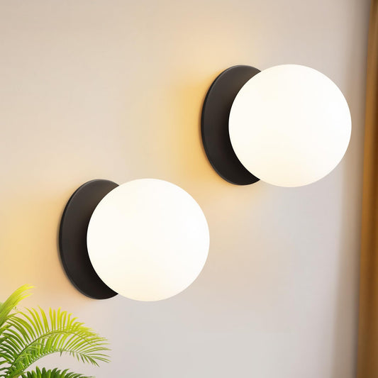 2 Pack Modern Matte Black Wall Light Fixtures, Mid-Century Globe Glass Wall Sconces Set of Two for Bathroom Mirror, Living Room, Hallway, Entryway (Bulbs Not Included)