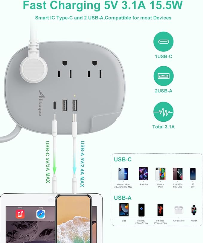 Alitayee USB C Portable Travel Power Strip - Image 2