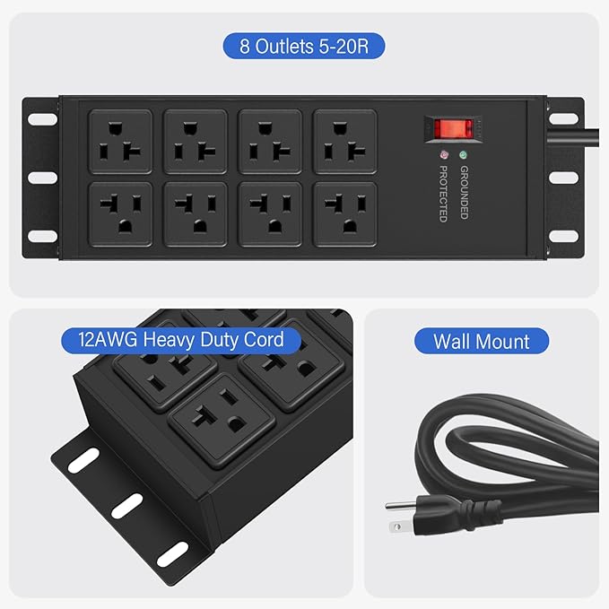 CCCEI Black Heavy Duty Power Strip Surge Protector 20 AMP, 8 Outlets 12 Gauge - Image 5