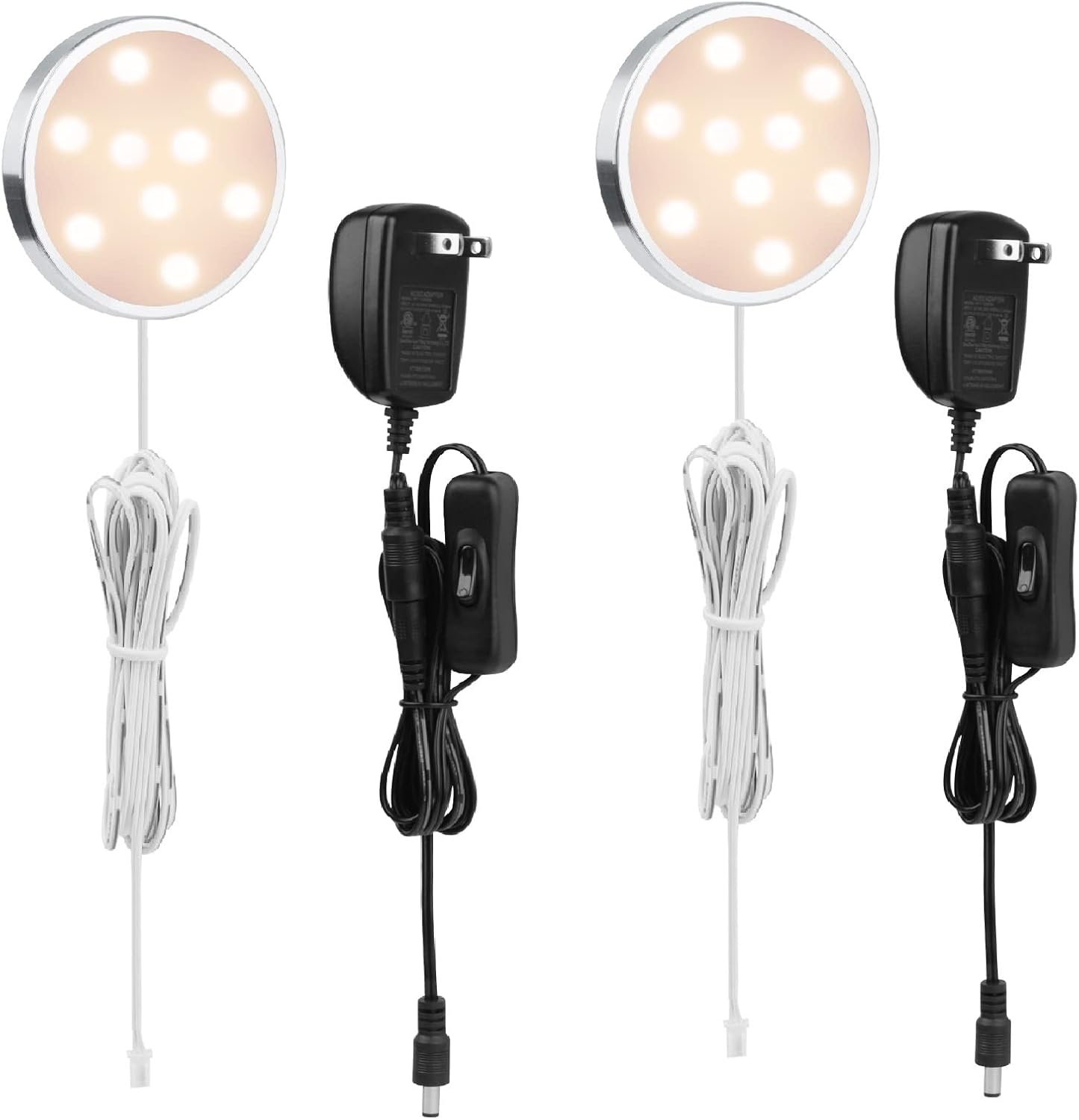 LABOREDUCER 12V Under Cabinet LED Puck Lighting Kit 2 Packs Slim Aluminum Puck Lights,Single Light Plug in Counter Light Fixture for Kitchen Cupboard Bookcase Display Shelf Lighting(Warm White, 2700K)