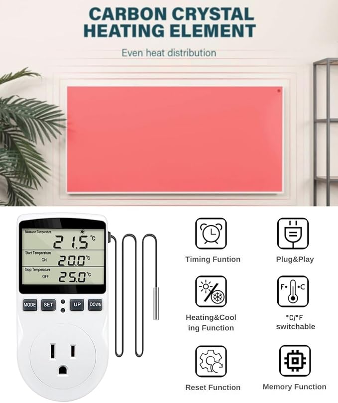 1800W Digital Thermostat Controller Plug in Heater Cooling Temperature - Image 2