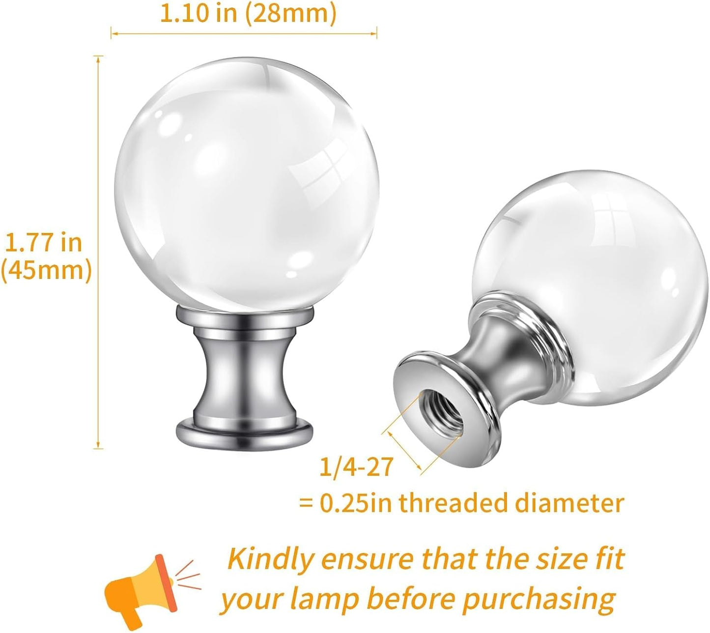 Lamp Finials, 1/4-27 Inch Threaded Base Lamp Finials, 2 Pack | Clear Glass Ball Decorative, Finials for Lamps with Chrome aluminum Base, Lamp Shade Screw Cap for Table & Floor Lamps