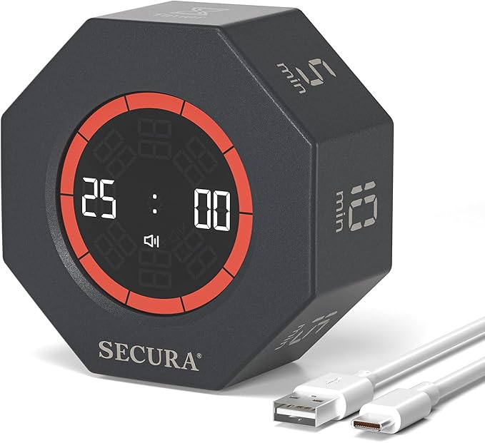 Secura Pomodoro Timer, Rotating Cube Time Tracker, Flip Gravity Sensor by Secura