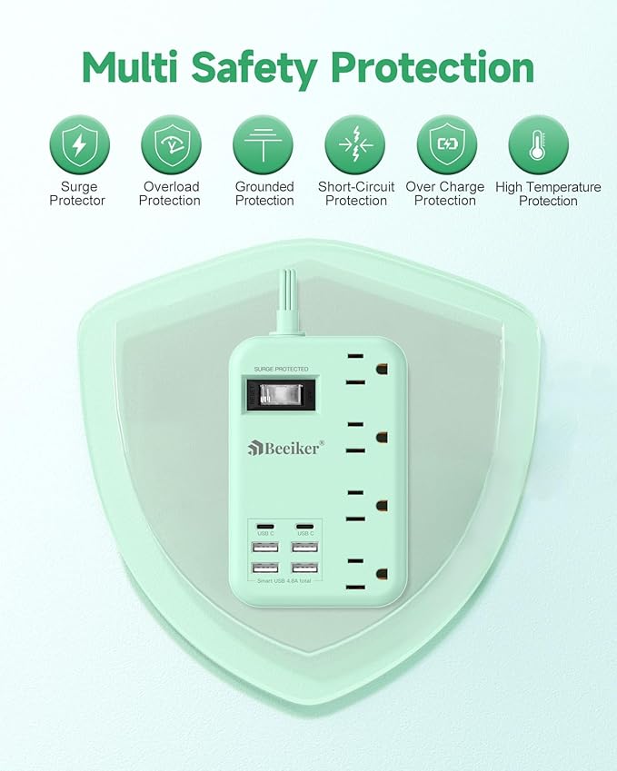 6 USB Green Travel Power Strip- 5Ft Green Extension Cord - Image 7