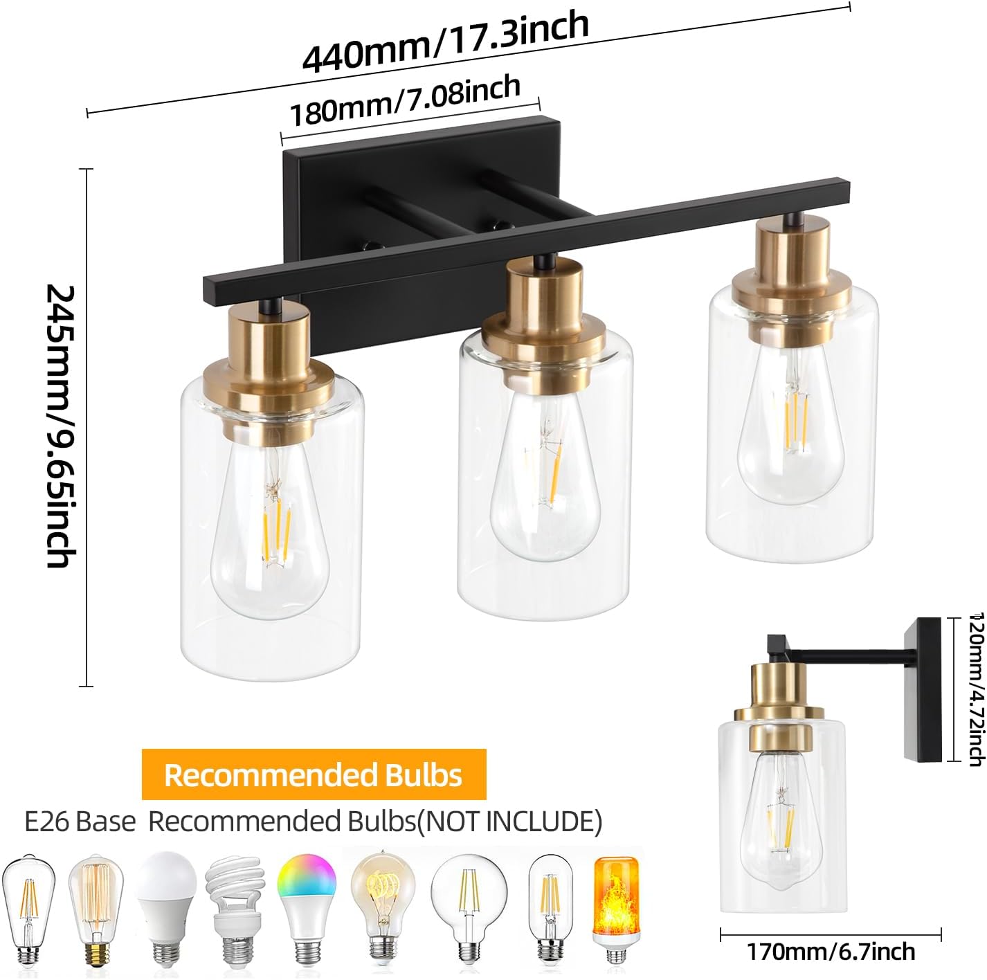 3 Light Bathroom Wall Light Fixture Vanity Wall Lights Over Mirror | Wall Sconce Lighting with Clear Glass Shades, Modern Wall Lights Wall Lamp for Mirror, Hallway Kitchen Bedroom Cabinet