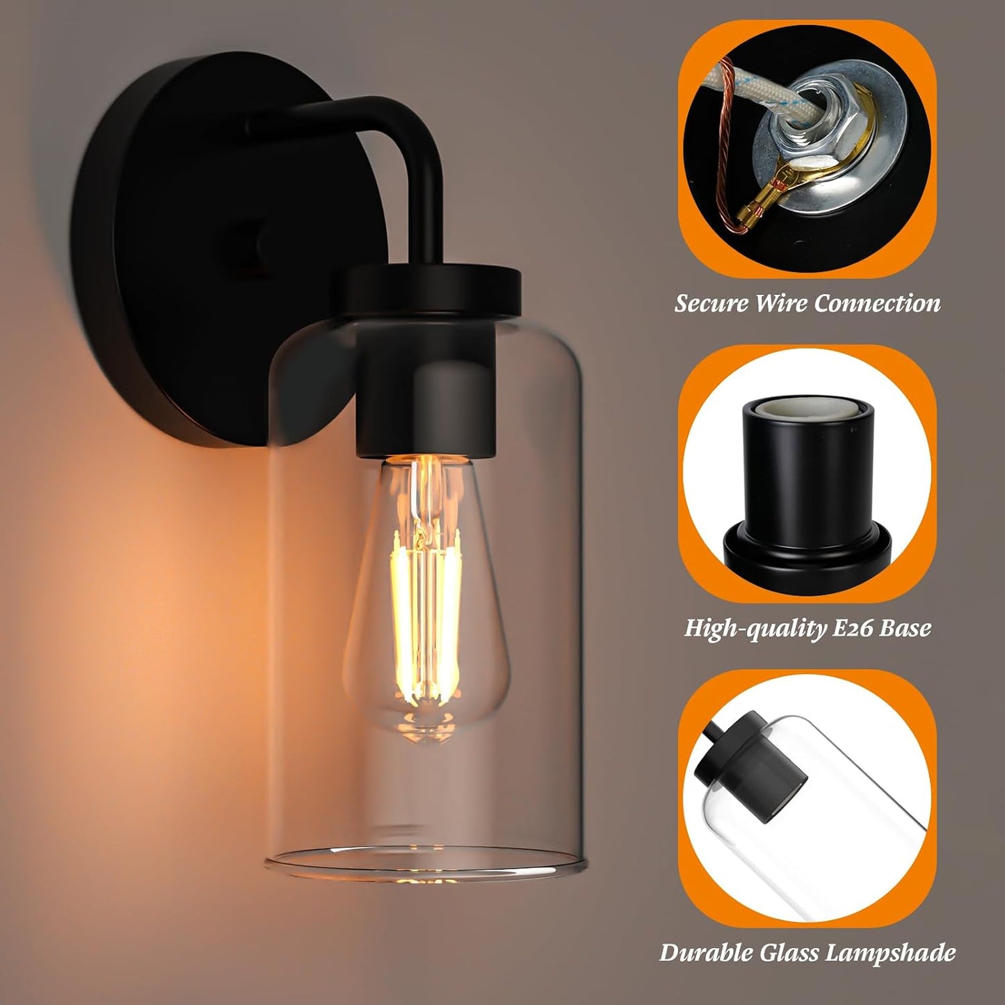 Zevluck Wall Sconces Set of 2, Modern Wall Light Fixtures with Clear Glass Shade, Matte Black Bathroom Vanity Light, Hardwired Vanity Wall Lamps for Bathroom, Bedroom, Living Room, Stairs, Hallway