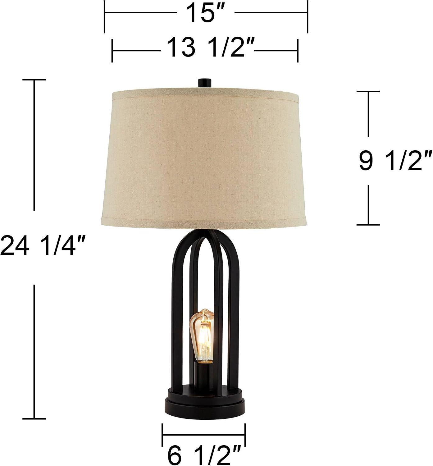 Marcel 24 1/4" High Table Lamp USB Set of 2 LED Night Light Black Modern | USB Port A+C Charging Natural Industrial Metal Bedroom Living Room House Bedside Nightstand Linen Shade