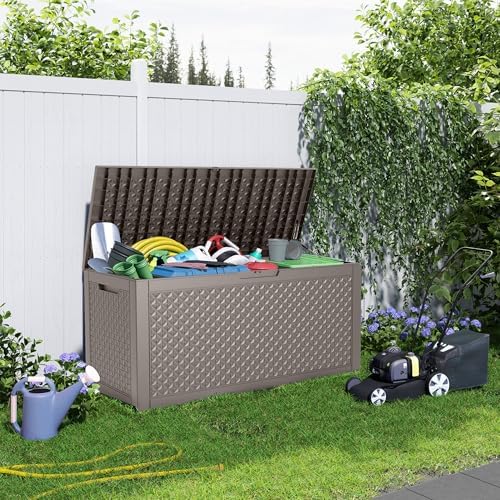 110 gallon outdoor storage box waterproof, resin lockable, side view
