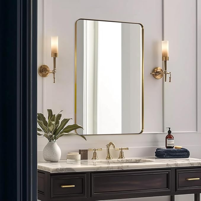 ANDY STAR Gold Bathroom Mirror, 24x36 Brushed Brass Rectangle Metal Frame Mirror - Image 2