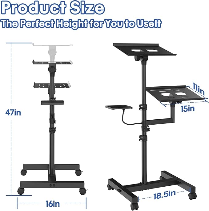 GSOW 2 Shelves Mobile Projector Stand, Rolling Laptop Stand Adjustable Height - Image 3