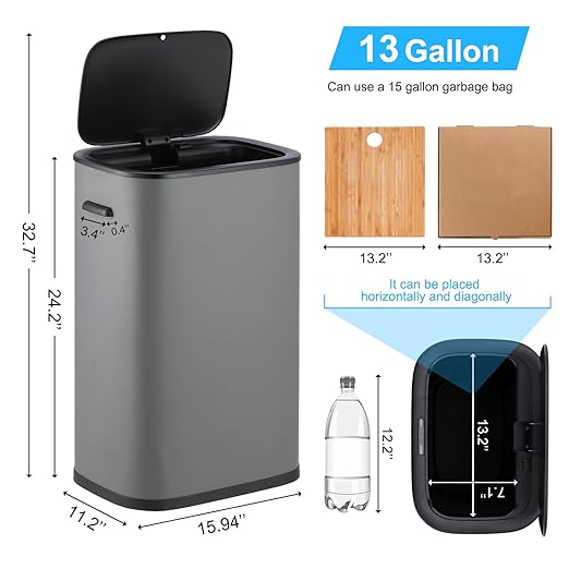 14.5 Gal/55L Trash Can with Lid, Automatic Touchless Garbage Can with - Image 7