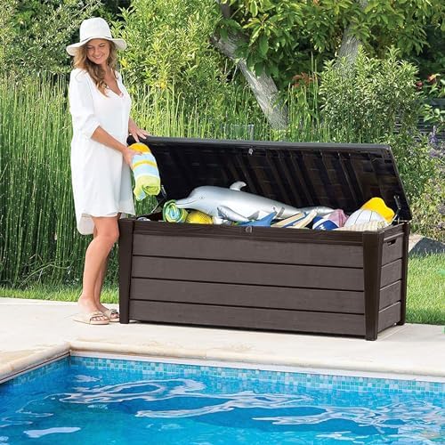 keter brushwood outdoor storage deck box,120 gallon, brown, side view